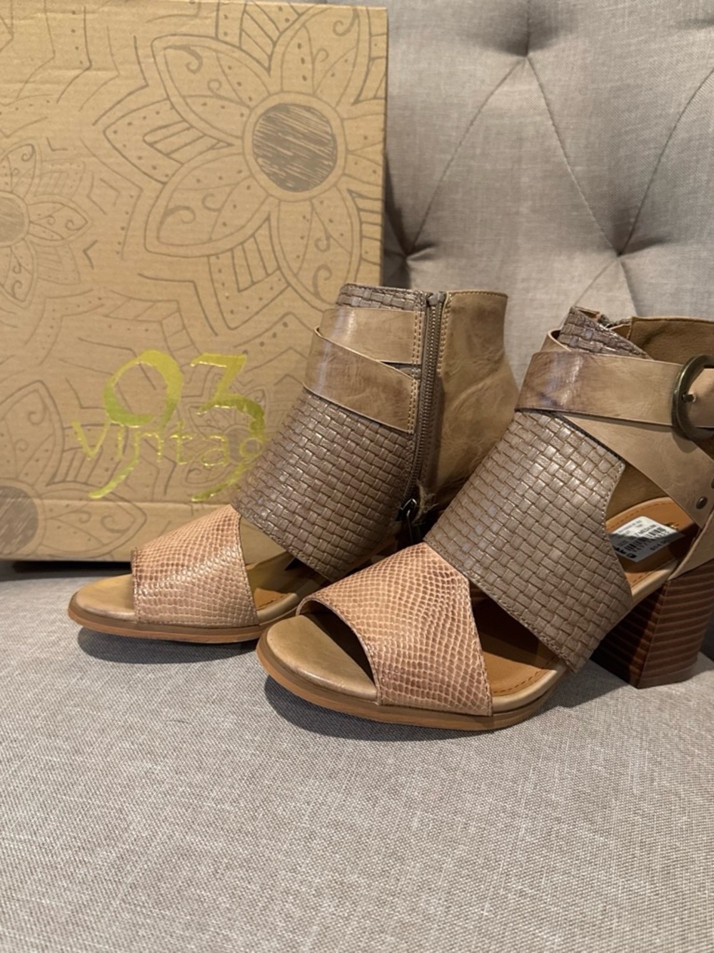 Scarlett Two-Tone Tan Woven Block Heel Sandals